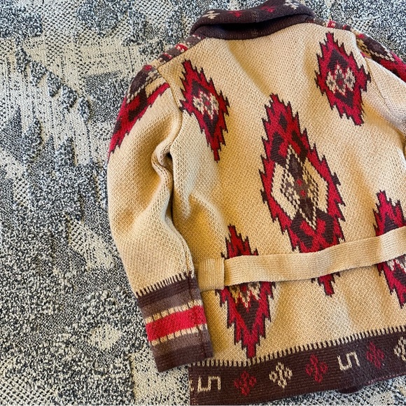 Western Aztec Shaw Collar Cowichan Knit Traditional Button Front Sweater Coat - Picture 3 of 7